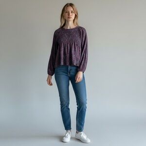 Staring at Stars Purple Paisley Print Gathered Smocked Blouse Balloon L/S Size L